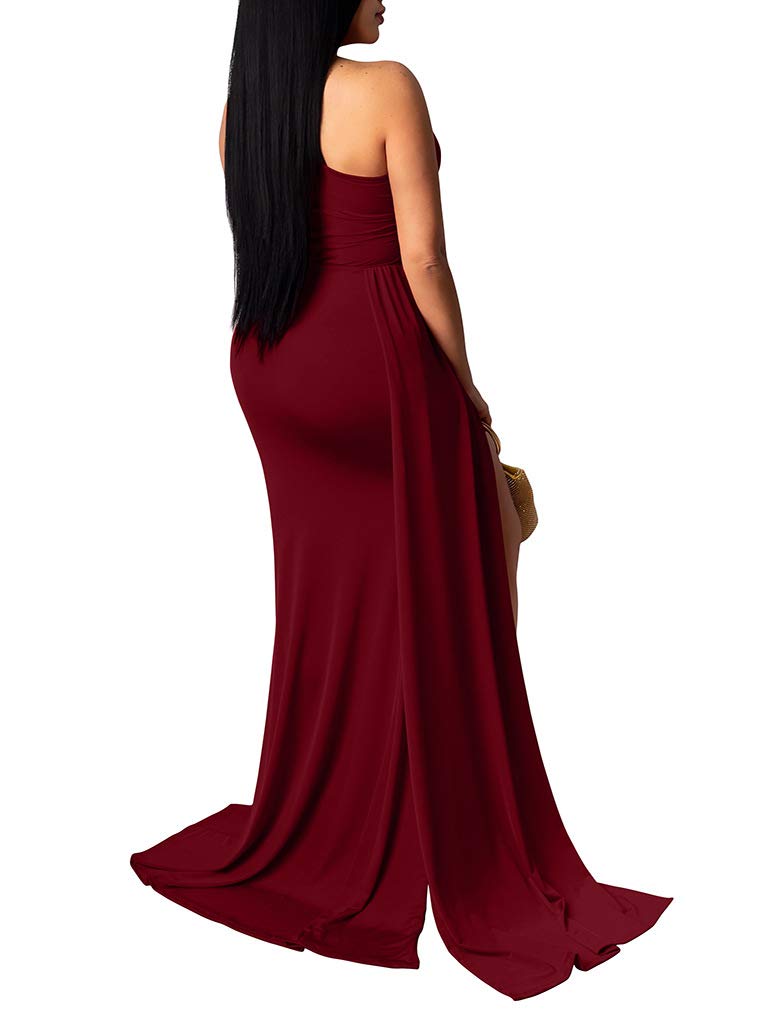 LAGSHIAN Women Sexy Elegant One Shoulder High Split Cutout Long Evening Dress Wine Red - Image 2